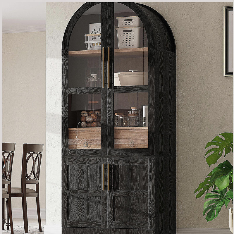 Kitchen Pantry Cabinet Storage Cabinet with Adjustable Shelves, Hidden Drawer and Glass Door, Black