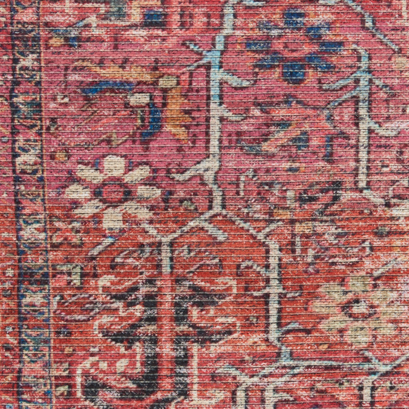 Brick Red Floral Flat Woven Cotton Chenille Rug 6' x 9'