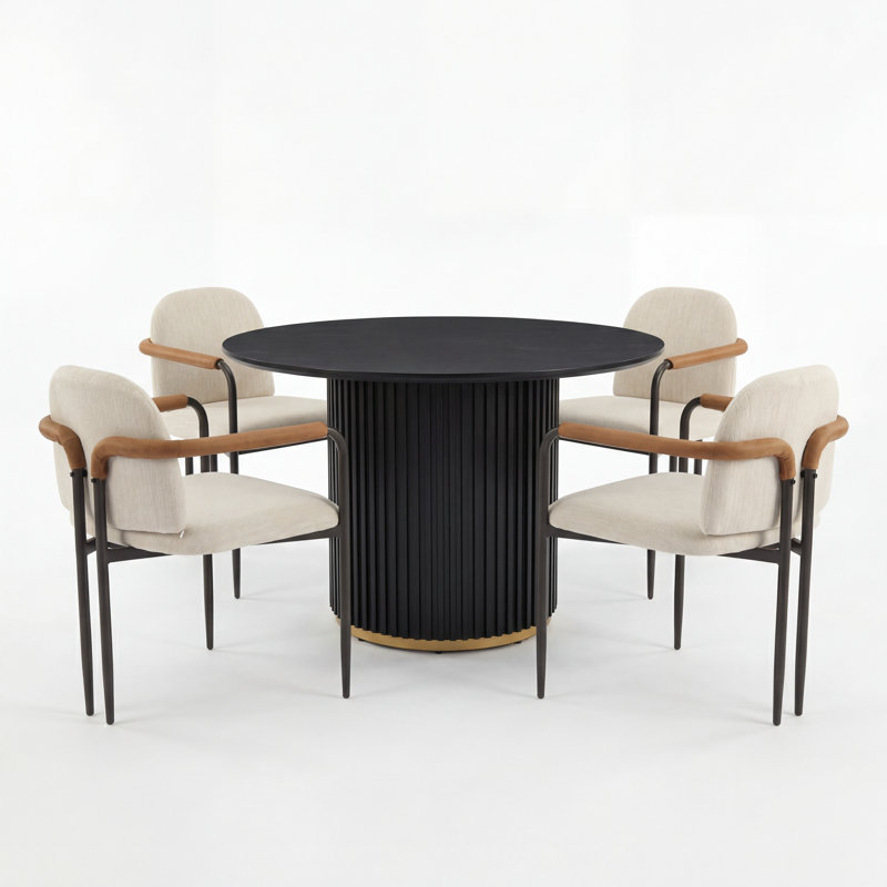 Fernand 5-Piece Dining Table Set With Upholstered Chairs & Pedestal Base