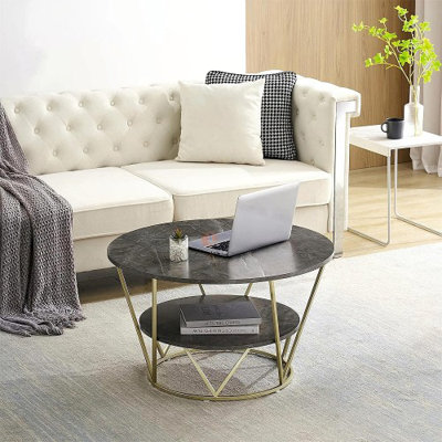 Table basse ronde 80 cm en faux gris doré avec rangement à 2 niveaux pour le salon, décoration intérieure moderne