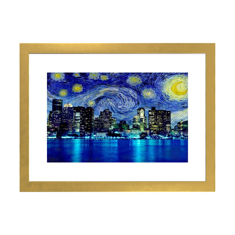 Boston, Massachusetts, nuit étoilée, impression d'art graphique, H 24 po x l 32 po x P 1 po, Papier encadré doré