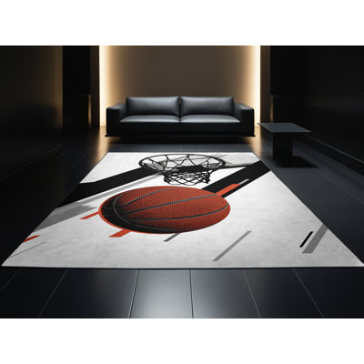 Machine Washable Cain Basketball Hoop Ball Modern Checkered Rug in Gray – Black Binding