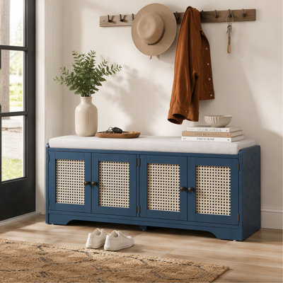 Rustic Wood Shoe Bench with Removable Cushion, Woven Rattan Doors & Adjustable Shelves for Hallway