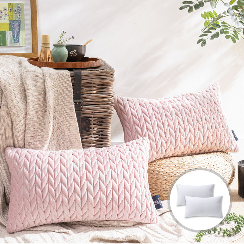 Braid Textured Pleated Decorative Pillow Cover & Insert, 12" x 20", Light Pink