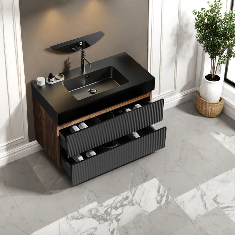 Meuble-lavabo en noyer de 36 po avec lavabo à quartz noir Grace pour salle de bain moderne