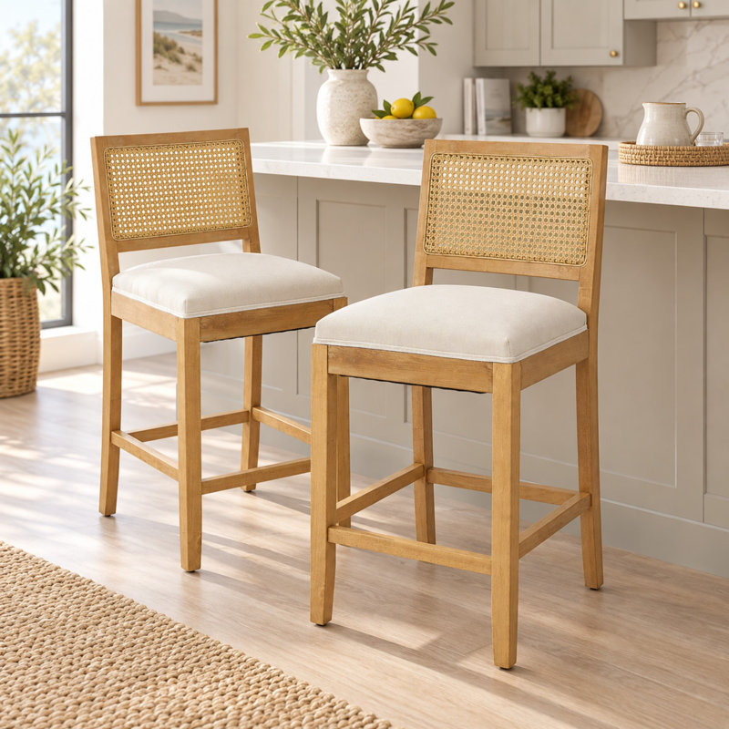 Ensemble de 2 tabourets de bar en rotin avec structure en bois massif, Brun; Beige