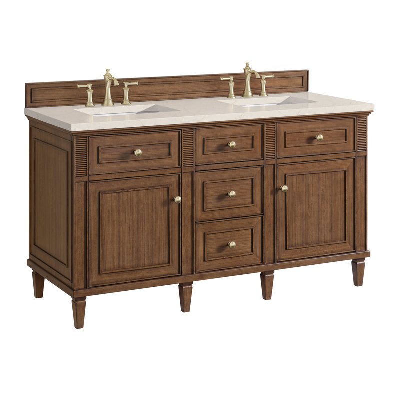 Lorelai 60'' W Double Vanity, Mid-Century Walnut, Carrara White, 8" Widespread
