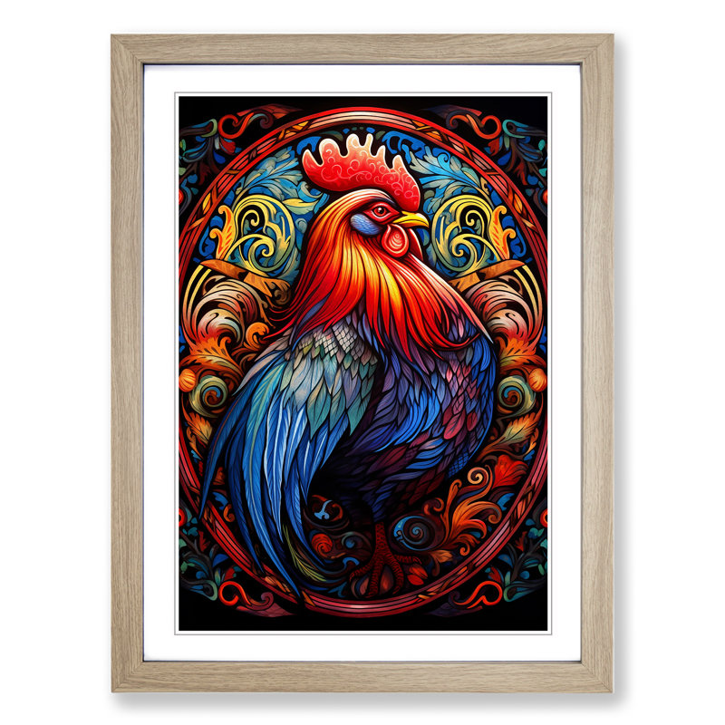 Rooster Symbolism - Single Picture Frame Print on Wood, 46cm H x 34cm W x 2cm D, Oak