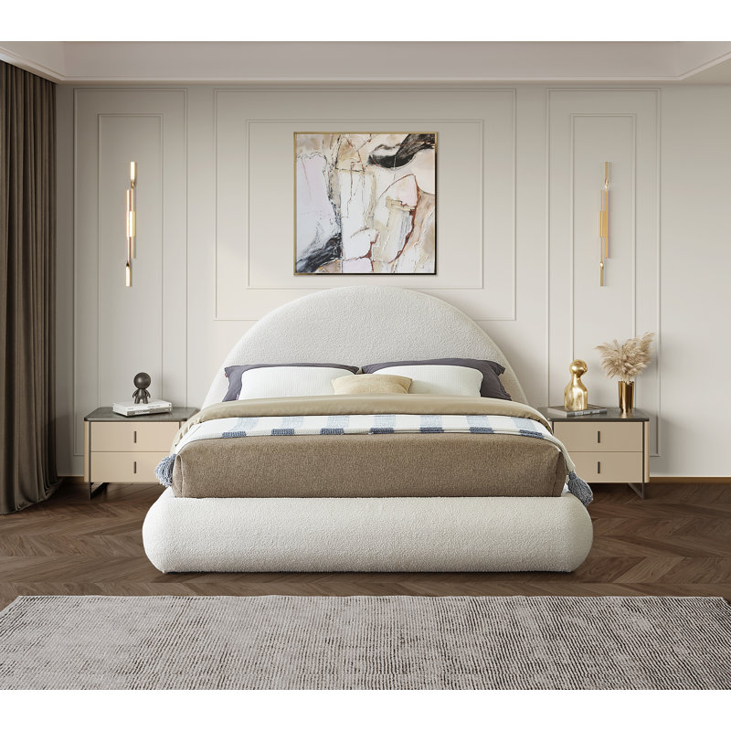 Rudy Upholstered Bed, Queen, Cream Faux Shearling Teddy Fabric