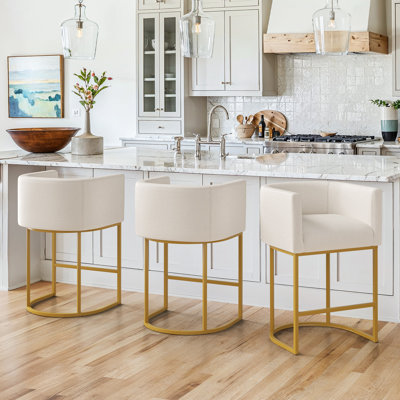 27''Upholstered Counter Stool with Curved Barrel Back, U-Shaped Metal Base, and Footrest