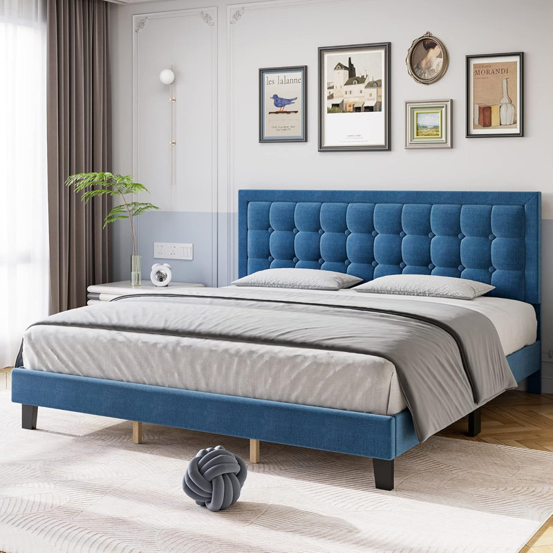 Nurdane Upholstered Platform Bed, King, Blue