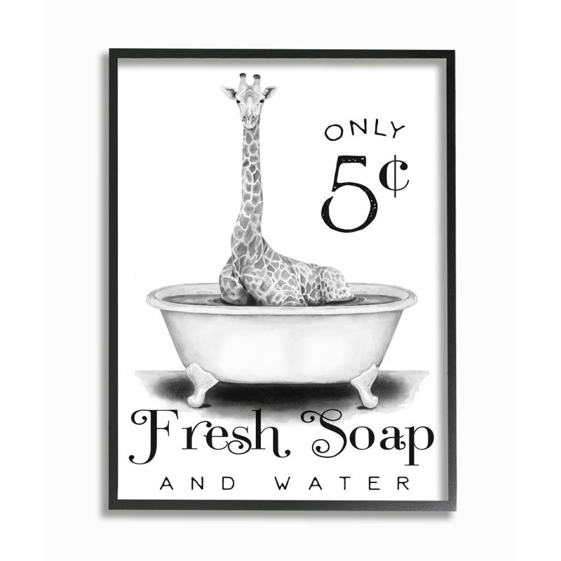 " Country Fresh Soap And Water Sign Giraffe Bath Sketch " by Rachel Nieman, Midnight Black Framed Giclee
