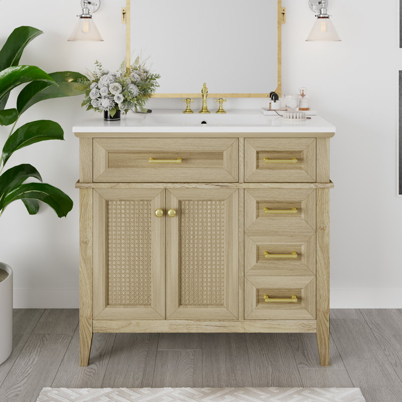 36" Single Bathroom Vanity With Ceramic Sink, Light Oak