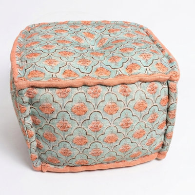 Floral Print Cube Pouf with Cotton Cover and Polyester Filling