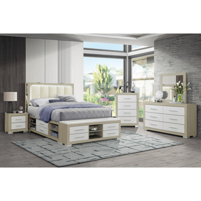 Ensemble de chambre double 5 pièces avec tête de lit bibliothèque Natural-White, parfait pour le rangement et l'esthétique moderne.
