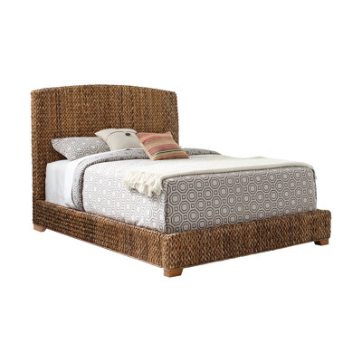 Très grand lit pour chambre à coucher très grand, couleur ambre, feuille de bananier tissée à la main, fabrication en bois massif et en placage, rustique moderne avec saveur côtière, finition de lit de 83 po x L 87 po et 55 po, placages de choix, style pour