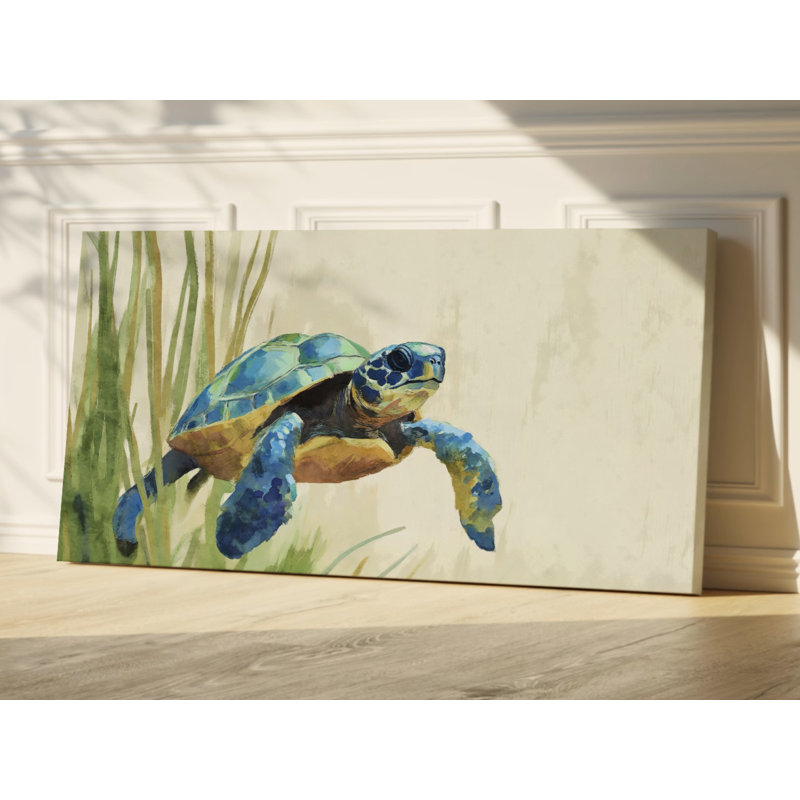 Tortue en ruppie maritime - décoration murale bord de mer, art sur toile prêt-à-accrocher, H 16 po x l 32 po x P 1,5 po