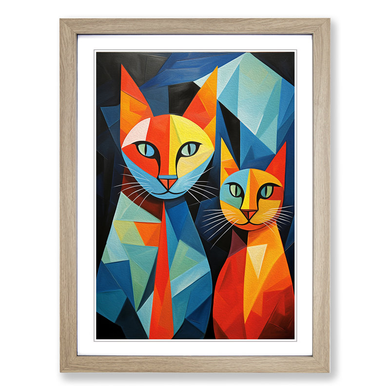 Egyptian Cat Cubism No.2 - Single Picture Frame Print on Wood, 46" H x 34" W x 2" D, Oak