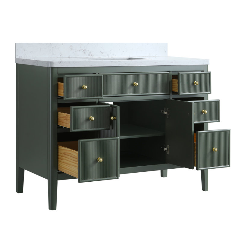 Ensemble de meuble-lavabo autoportant vert entièrement assemblé de 48 po avec construction en bois massif et plateau en marbre d'ingénierie