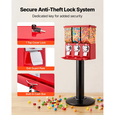 Candy Vending Machine, Triple Compartment Candy Vending Machine with Stand, Gumball & Candies Vendings Machines with Built-In Cash Box, Detachable, Vintage Candies Dispenser for Shops, Arcades