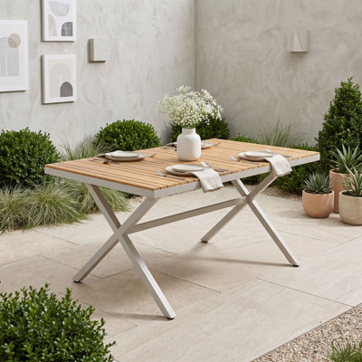 Rectangular Outdoor Dining Table with Solid Wood Top and Steel Frame, Weather-Resistant Patio Table for Backyard