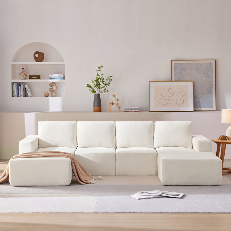 Modular Sectional Sofa With Couch, Beige Chenille