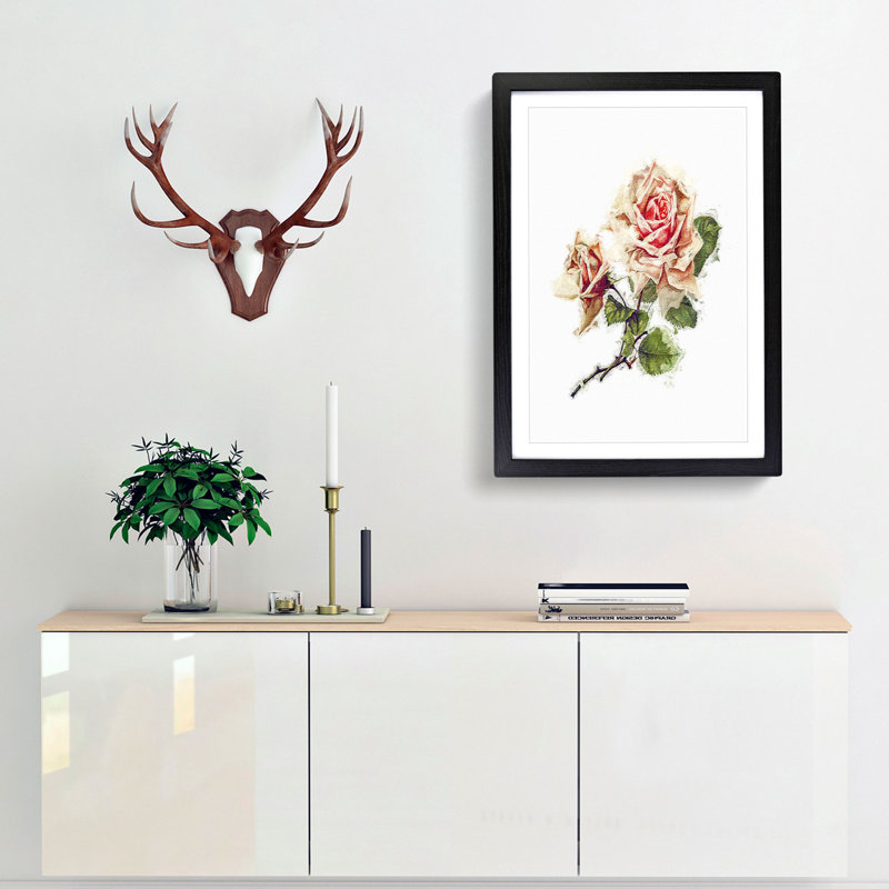Pink Rose Illustration - Picture Frame Painting Print, 65cm H x 48cm W x 2cm D, Black Framed