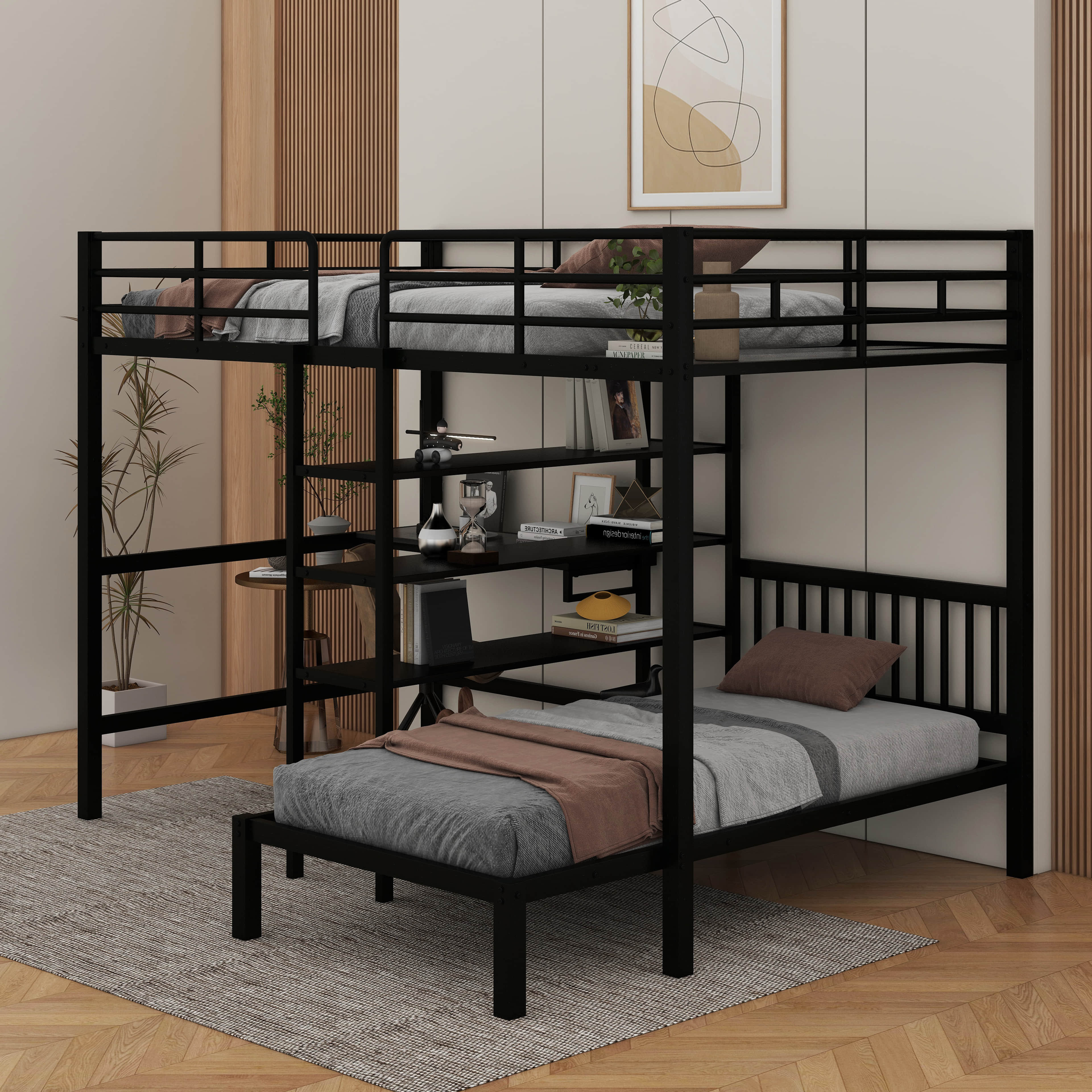 17 Stories Full Over Twin Metal Bunk Bed With Built-In Desk, Shelves ...