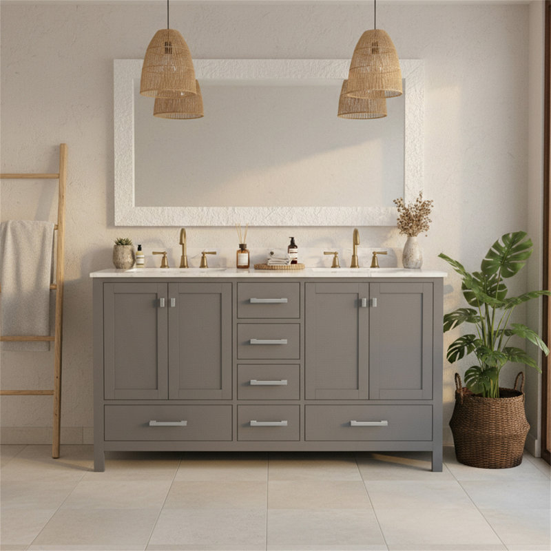 Meuble-lavabo 60 po, meuble-lavabo avec cadre en bois massif, comptoir autoportant avec 2 cuves, Gris, 60"