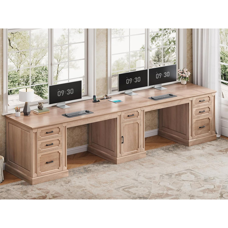 Farmhouse 110.3" Two Person Desk With 7 Drawers, Natural Oak