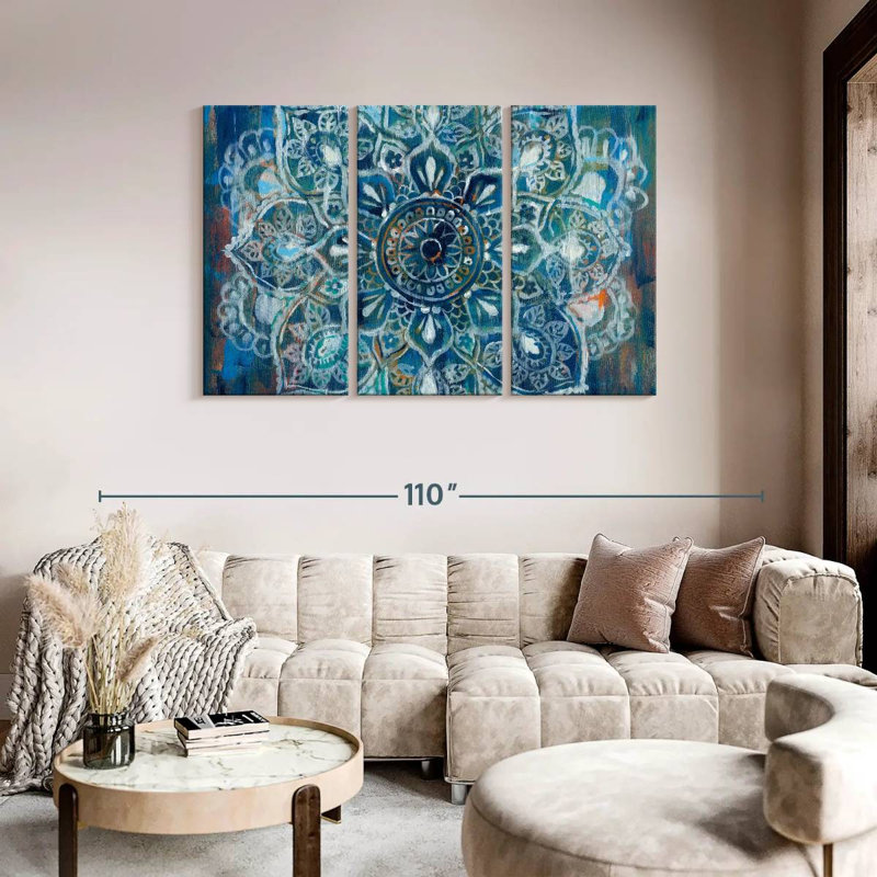 Ensemble de 3 pièces Mandala en bleu II sur toile, H 48 po x l 74 po x P 1,25 po