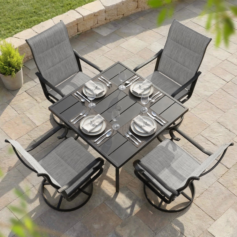 Burlington 5pcs Padded Textilene Outdoor Dining Set With Umbrella Hole, Swivel Design, 4, Gray, 28.3" H x 37" W x 37" D