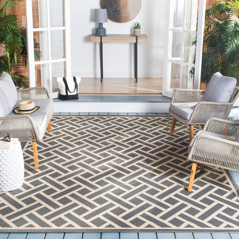 Tapis intérieur / extérieur anthracite / beige clair tissé à la machine Arneshia, Rectangle 9 pi x 12 pi