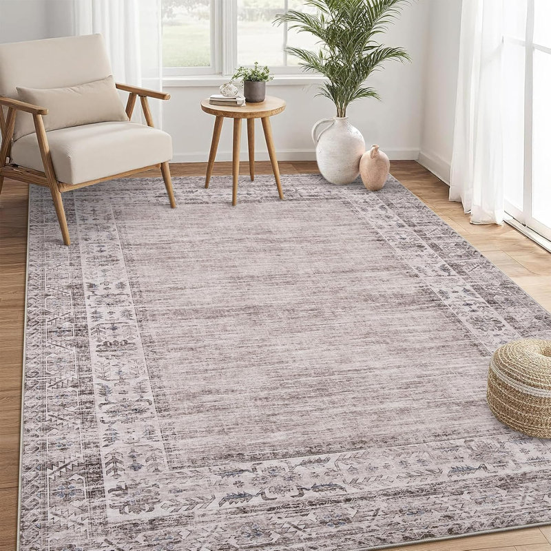 Washable Vintage Border Rug Non-Slip Low Pile Stain-Resistant Boho Throw Carpet for Kitchen Hallway Living Room Bedroom Taupe/Brown.