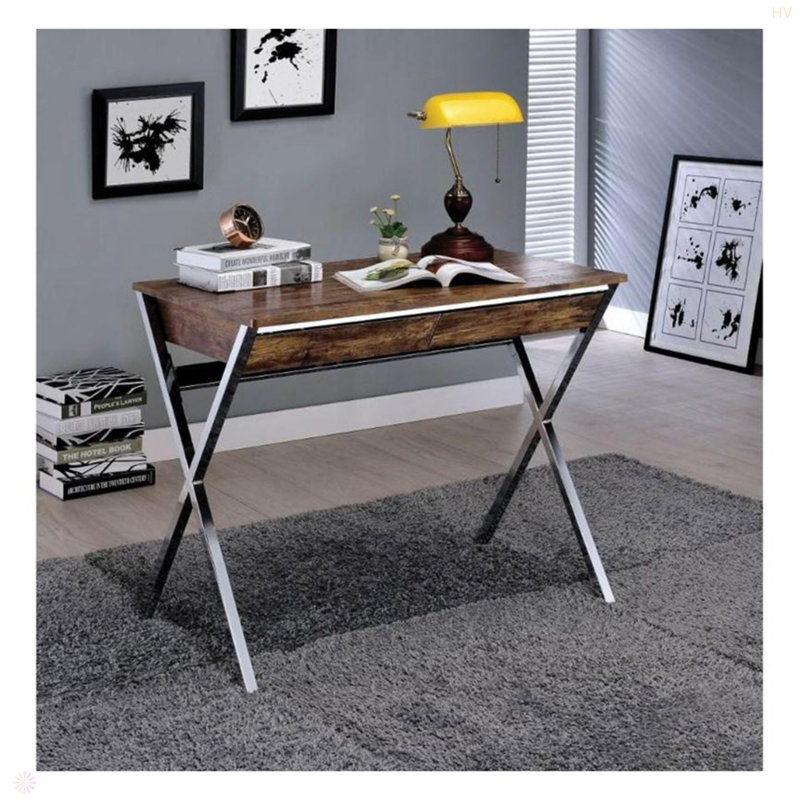 Bureau d'écriture chromé à 2 tiroirs, Chêne antique, H 29,88 po x l 36 po x P 21,07 po