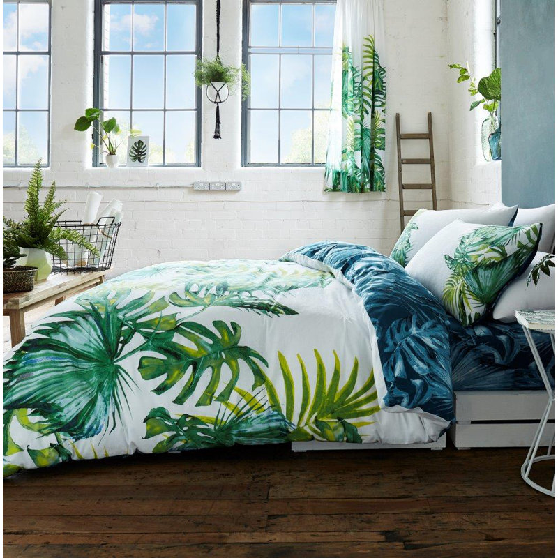 Tropical Leaf Print Duvet Cover Set with Matching Pillowcases - Polycotton Bedding, Super King