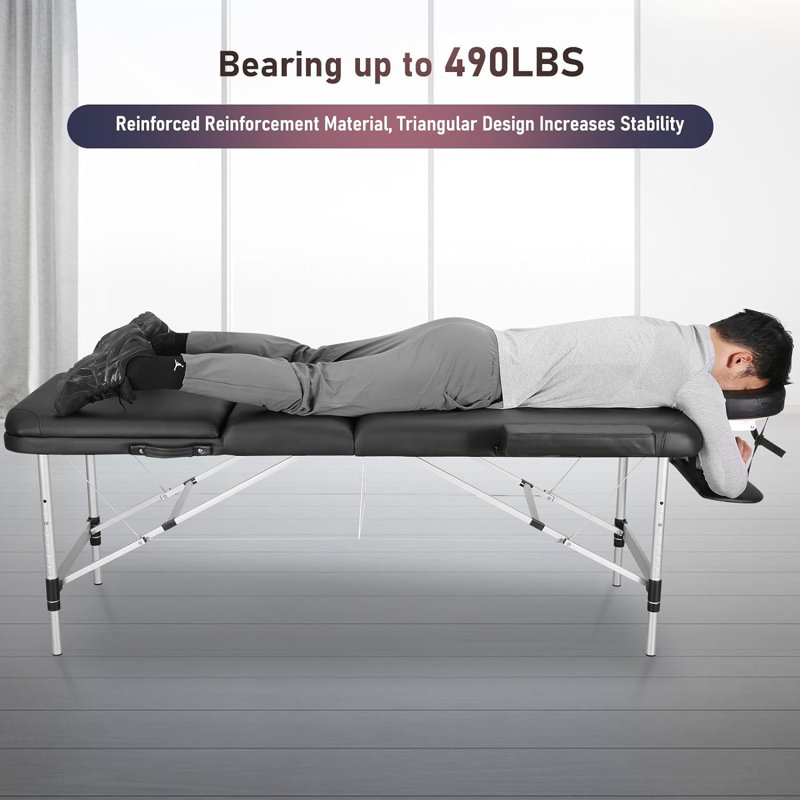 Table de massage portative Lit de massage réglable de 28 po de largeur pour tatouer les cils avec sac de transport, Noir