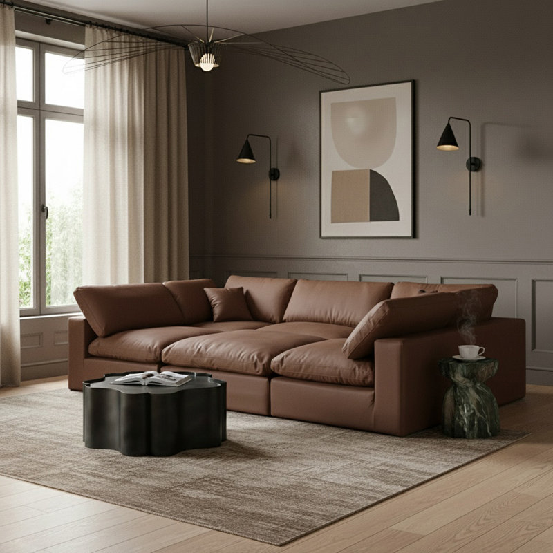 Canapé modulaire réversible de 120 po en similicuir de large avec repose-pieds, Cuir brun végétalien