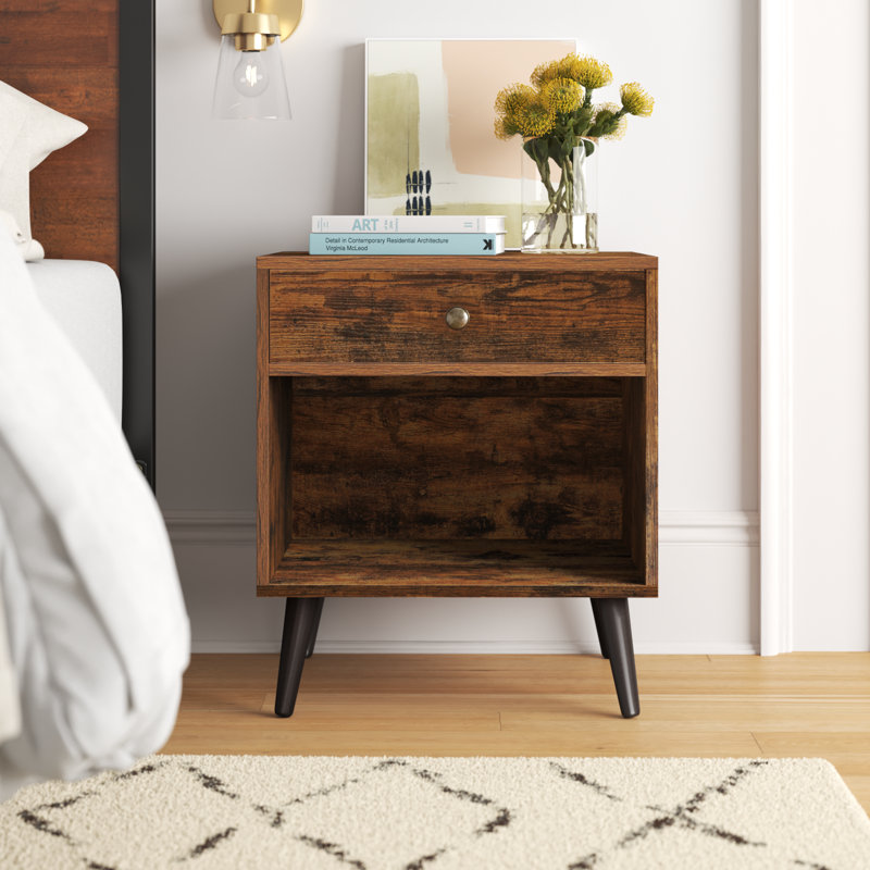 19.7" W Vansant 1 - Drawer Nightstand with Drawer and Open Compartment, Solid Wood Legs, Rustic Brown