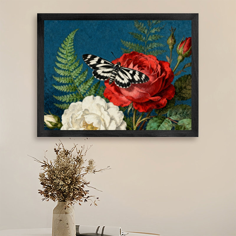 Reproduction d'art encadré noir avec papillons et fleurs rétro de style rétro, H 25 po x l 37 po