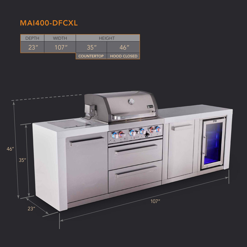 Îlot de cuisine modulaire en acier inoxydable de luxe avec réfrigérateur 107 po x l 32 po x 4 po + brûleur latéral + comptoirs en granite + armoires et tiroirs de rangement + couvercle + convertible au gaz naturel + Garantie à vie