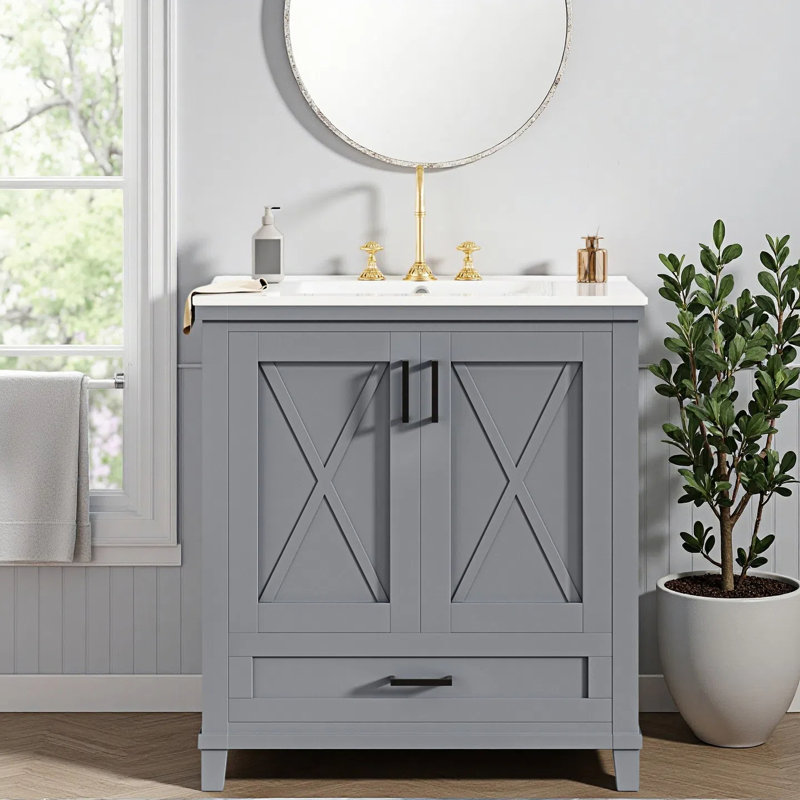 Meuble-lavabo de ferme 30 po avec tablette réglable et tiroir divisé, portes à fermeture douce avec tablettes de rangement doubles, conception en forme de X