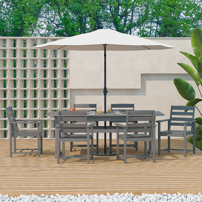 7-Piece Outdoor Dining Set, HDPE Poly Lumber Patio Furniture, 6-Person Rectangular Table with Umbrella Hole, All-Weather Heavy Duty Slatted Design, Fade-Resistant