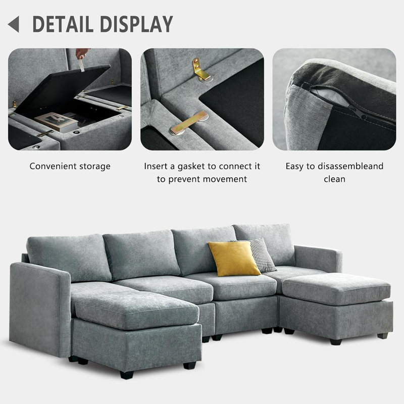Canapé modulaire rembourré Jaiwan, Lin gris