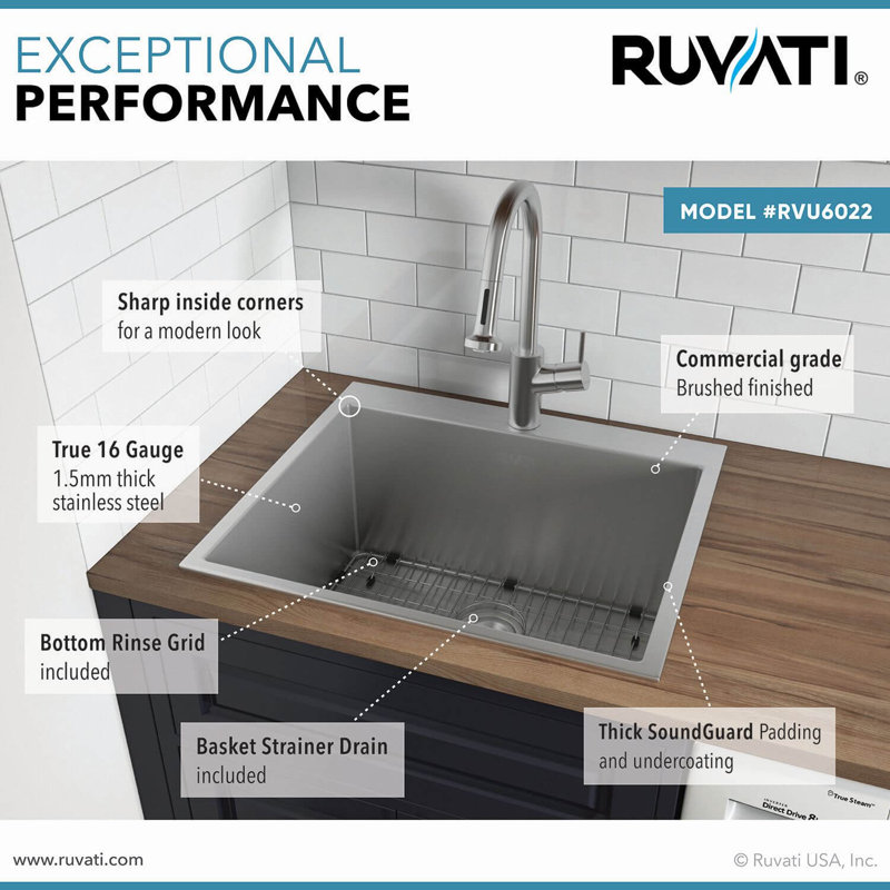 Ruvati Topmount Laundry 22" x 22" x 12" Deep Utility Sink 16 Gauge Stainless Steel