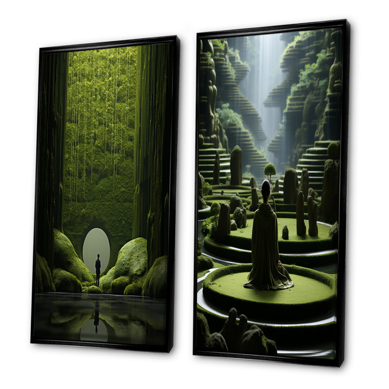 Mediation Zen Garden Contemplation - Ensemble de 2 décorations murales paysages abstraits, H 40 po x l 41 po, Cadre noir