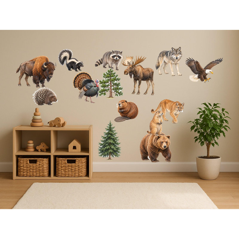 North American Animal Wall Decals, Set of 14 Educational Peel and Stick Wall Stickers, Classroom Playroom Decor, Kids Learning Wall Art, 20"W x 20"H (50 x 50 cm)