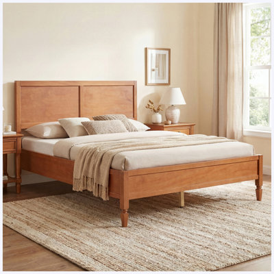 Queen Size Solid Wood Platform Bed with Classic Panel Headboard, No Box Spring Needed, Brown