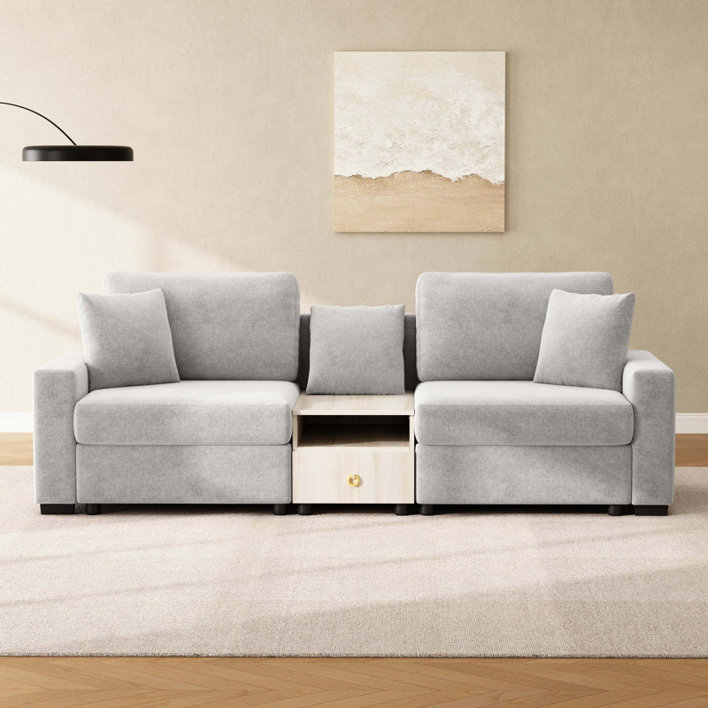 Modular Large Size Upholstered Sofa with Storage Armrest and Centre Console for Living Room, Grey Chenille, 95.7" W