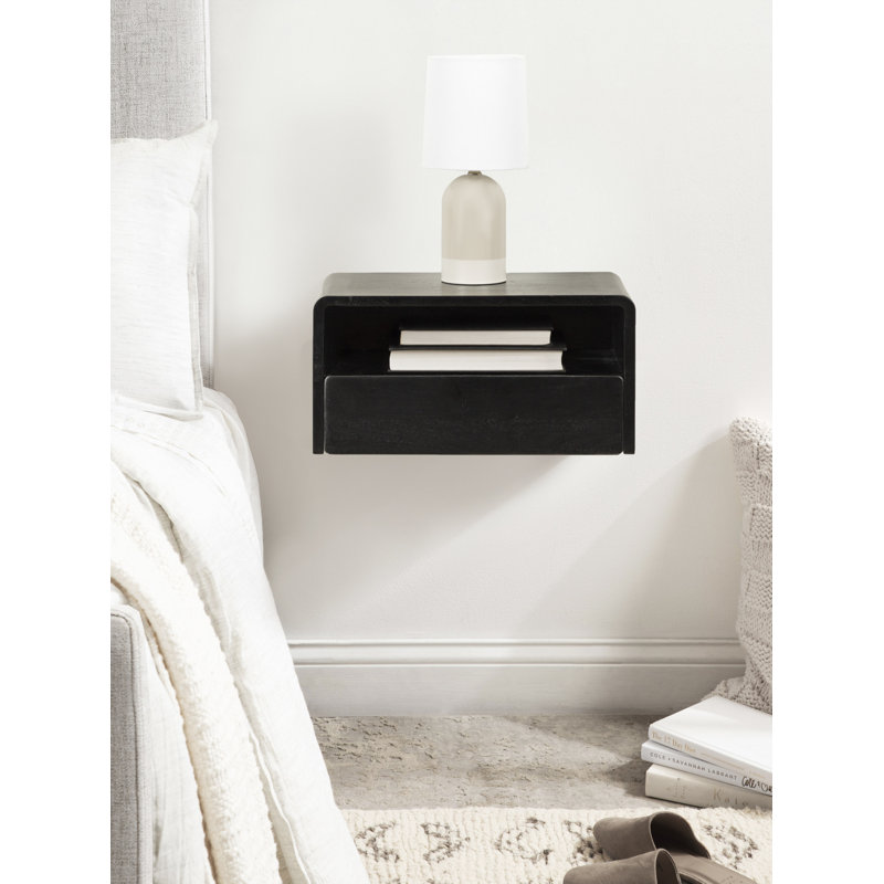 Langley Mango Solid Wood Floating Shelf with Drawer, Black